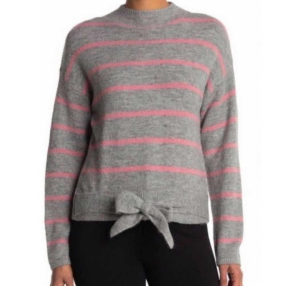 WAYF Tie Waist Sweater new NWOT pink gray stripe small crew high neck wool bow
